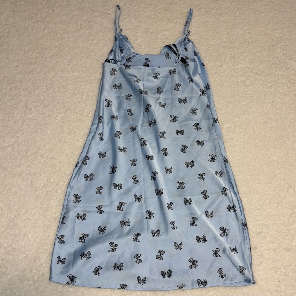 Forever 21 Women Blue Bow Print Satin Slip Mini Dress - Picture 6 of 11